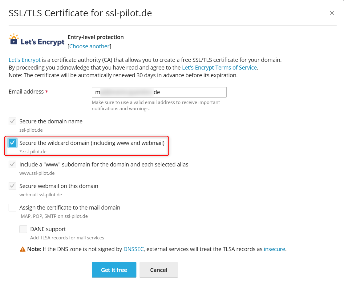 Let’s Encrypt Einstellungen - Plesk Admin Dashboard