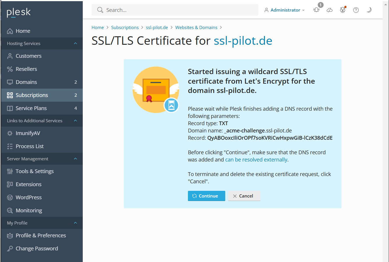 Let’s Encrypt DNS Challenge - Plesk Admin Dashboard