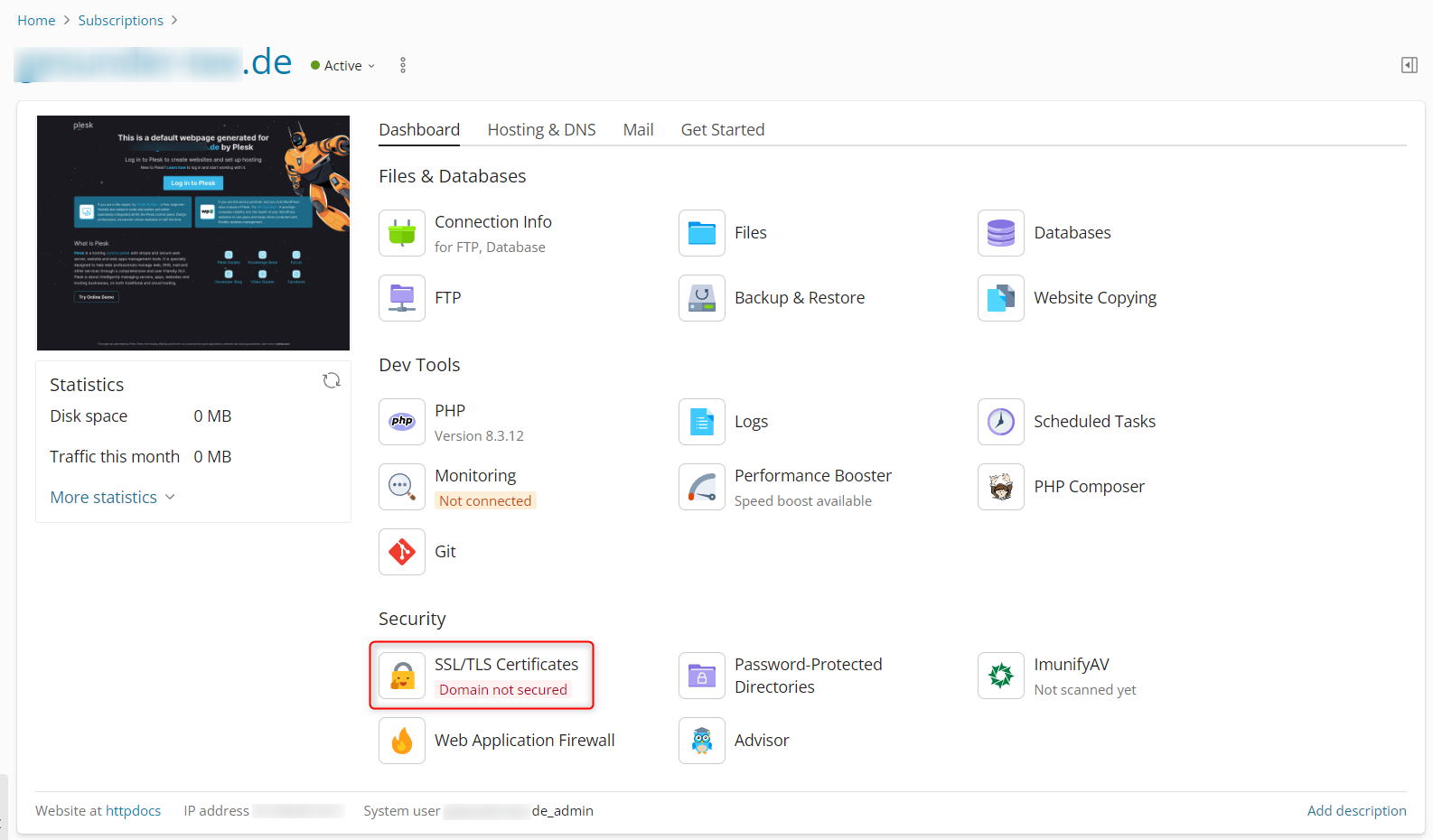Plesk Dashboard