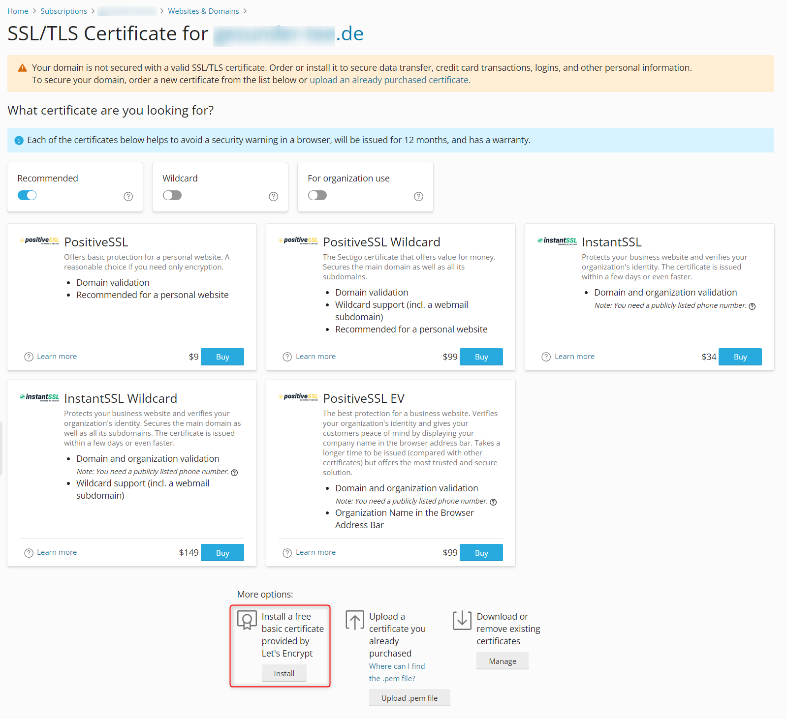 SSL Zertifikate - Plesk Admin Dashboard