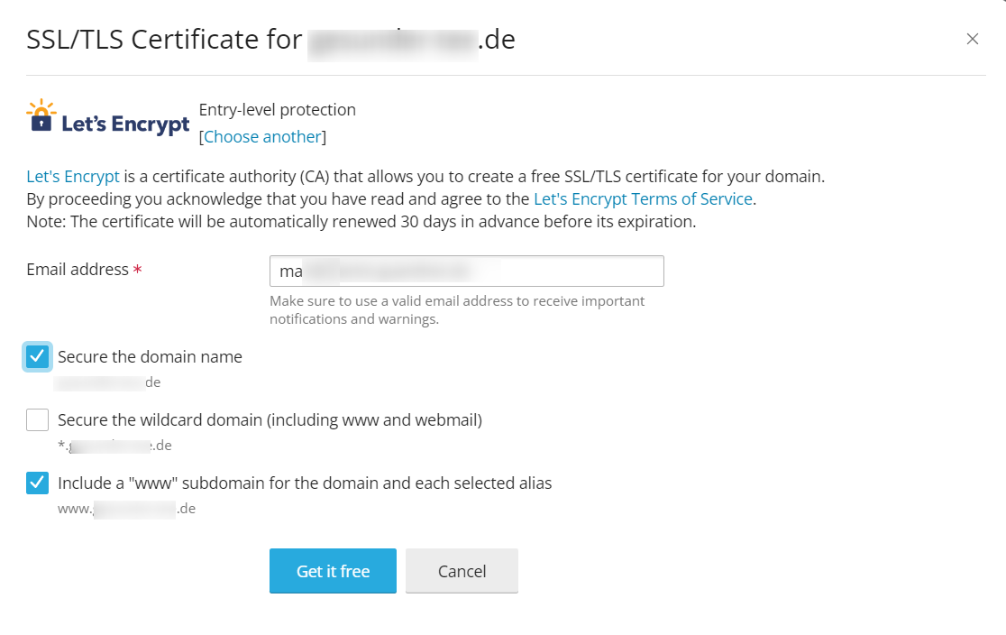 Let’s Encrypt Einstellungen - Plesk Admin Dashboard