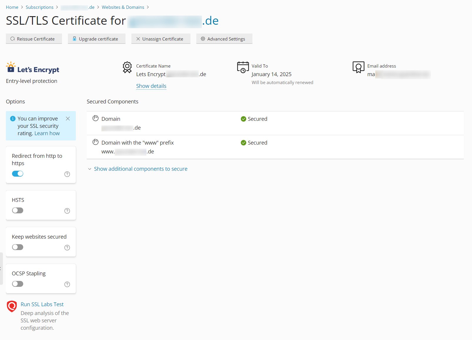 Domain SSL gesichert - Plesk Admin Dashboard